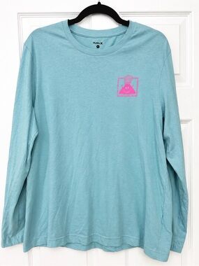 Hurley Mens Long-Sleeve Tee in Light Aqua with Pink Graphic